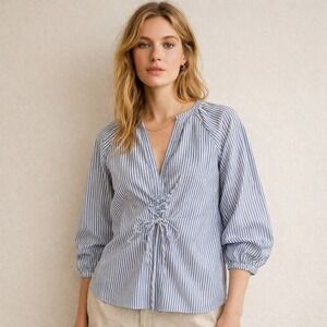 Tibi Striped Lace-Up Waist Poplin Tunic‎ Top Size S